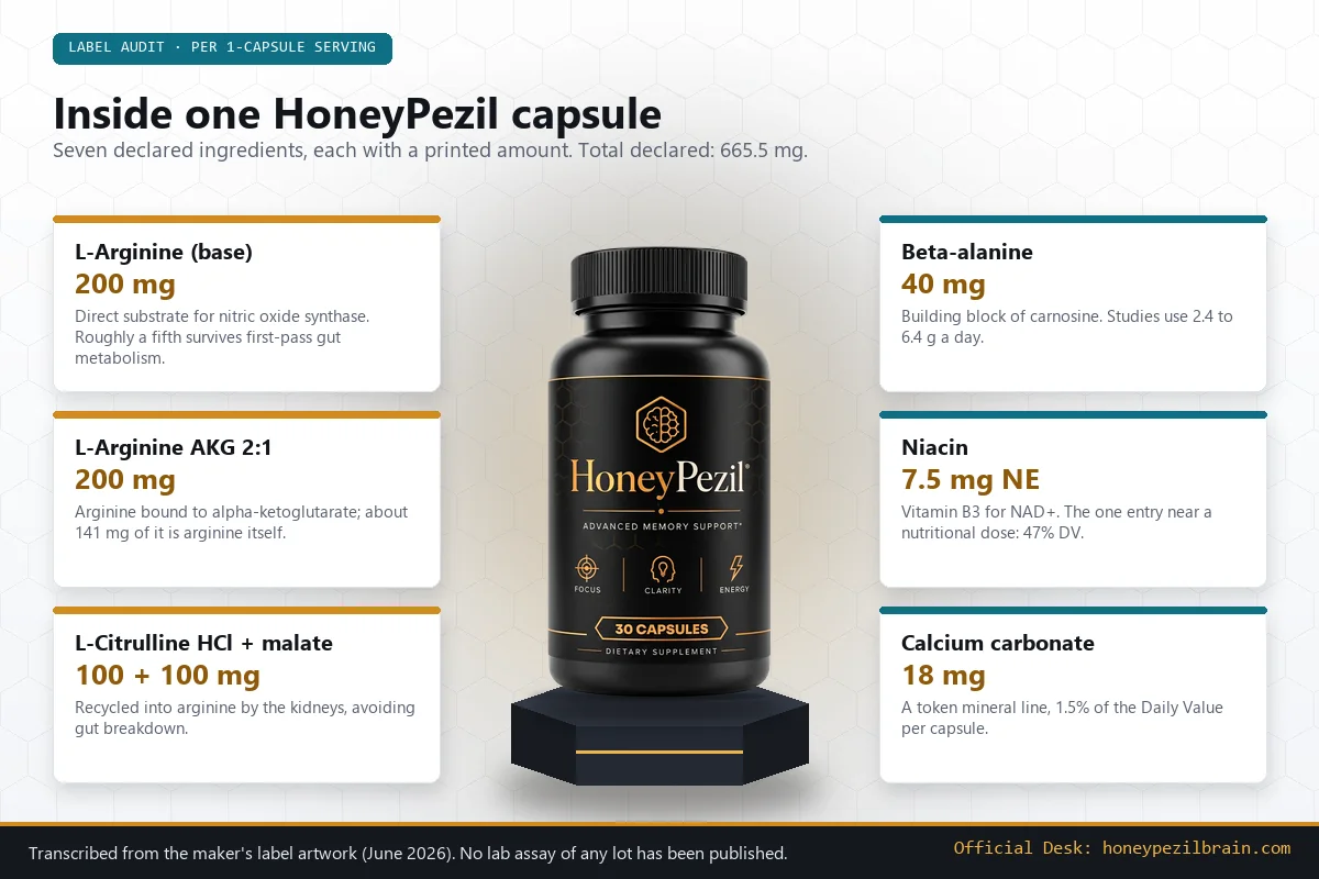 Infographic of the seven declared HoneyPezil ingredients and their milligram amounts around the bottle